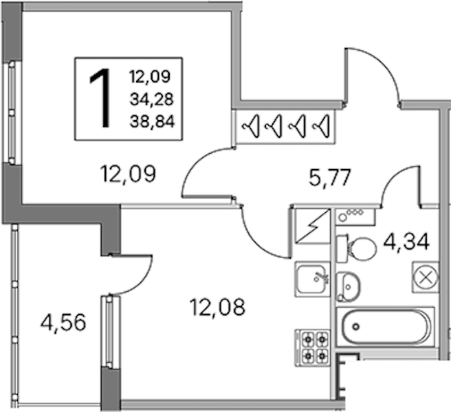 1-комнатная квартира 34.28 м², 5/5 эт., ЖК «ЮгТаун. Олимпийские кварталы»